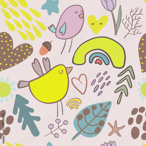 Seamless floral and animals pattern with cute doodle elements. Hand painted vector background