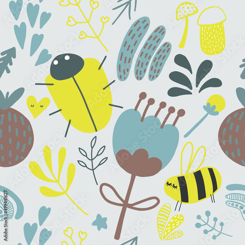 Seamless floral and animals pattern with cute doodle elements. Hand painted vector background