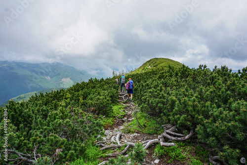 hikers with backpacks on a trail in the ridge