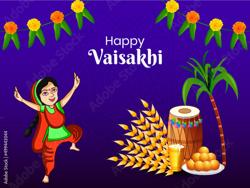 Indian sikh festival celebration Happy Vaisakhi a women is dancing bhangra.