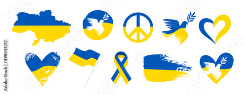 Collection of graphic elements in support for Ukraine. Peace for Ukraine set. Sign and symbols for humanitarian aid, support, help and donation. Vector clipart in ukrainian flag colors yellow and blue