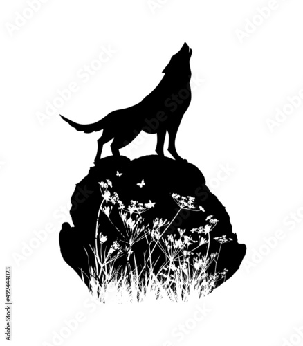 Silhouette of a wolf howling on a stone. Vector illustration