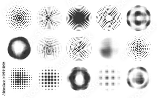 Abstract halftone dots circle patterns and frames. round comic gradient texture effect. Radial screentone spray brush. Halftone background vector set