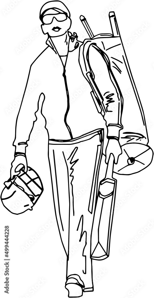 outline sketch drawing of cricket batsman holding cricket kit on his