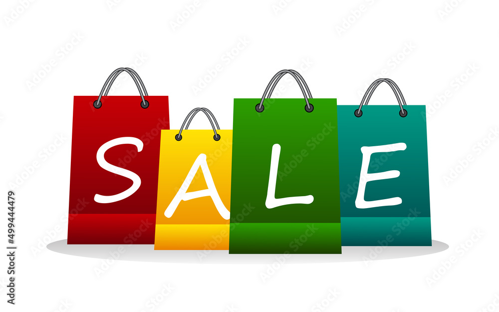 Sale. A set of paper colored bags with an inscription. Business concept. Design for banner, advertisement, flyer. Vector illustration isolated on white background