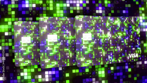 Abstract blinking mosaic pattern of new bank credit cards. Motion. Concept of online payment, money, and bank system.