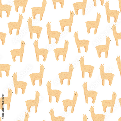 Cheerful alpaca seamless pattern. Background with funny llama in doodle style for fabric.