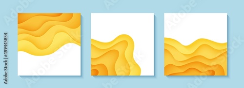 Set of abstract yellow background in paper cut art. Collection of 3d orange liquid wavy form with shadow in minimalistic style. Simple layout vector design for advertising poster brochure or flyer