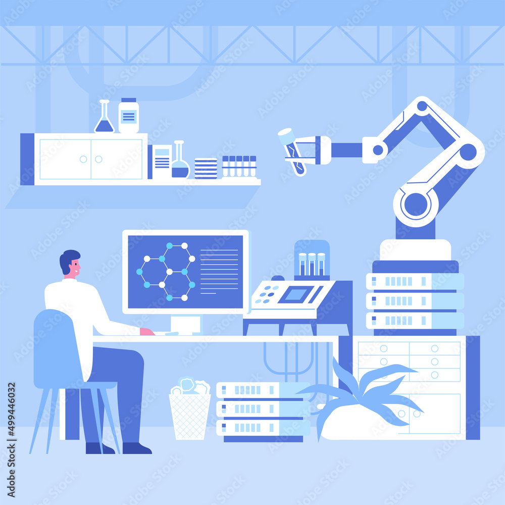 Obraz premium Automated scientific laboratory interior with robotic technology Scientists analyses data of research, robotic arms make test in flasks on modern professional lab equipment Vector science illustration