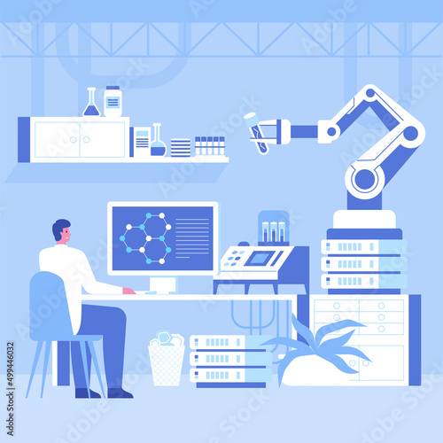 Automated scientific laboratory interior with robotic technology Scientists analyses data of research, robotic arms make test in flasks on modern professional lab equipment Vector science illustration