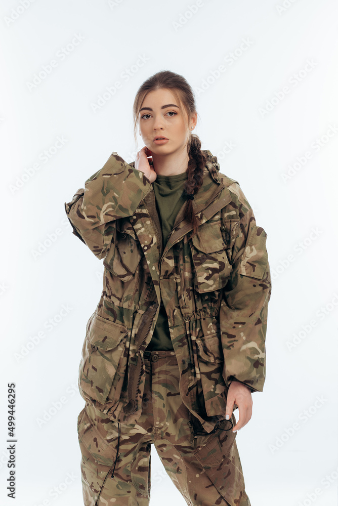 Girl in military uniform. Ukrainian. War in Ukraine. Bucha. on a white background Girl in military uniform. Ukrainian. War in Ukraine. Bucha. on a white background