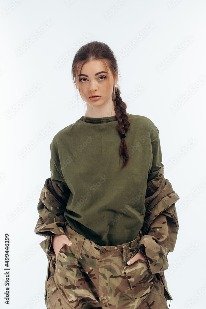Girl in military uniform. Ukrainian. War in Ukraine. Bucha. on a white background Girl in military uniform. Ukrainian. War in Ukraine. Bucha. on a white background