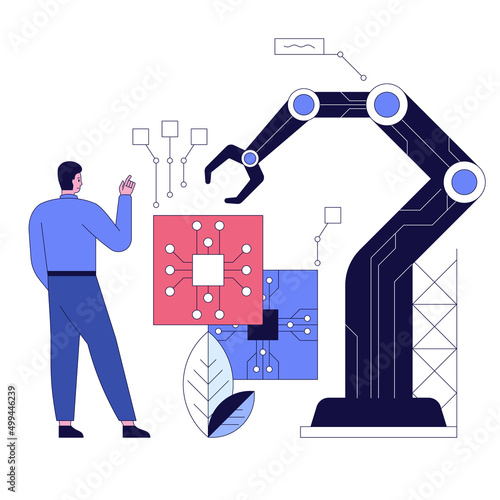 High tech factory engineer use computer for programming microchips and processors Developing modern technology for medical and high precision electronics Industrial concept Vector illustration