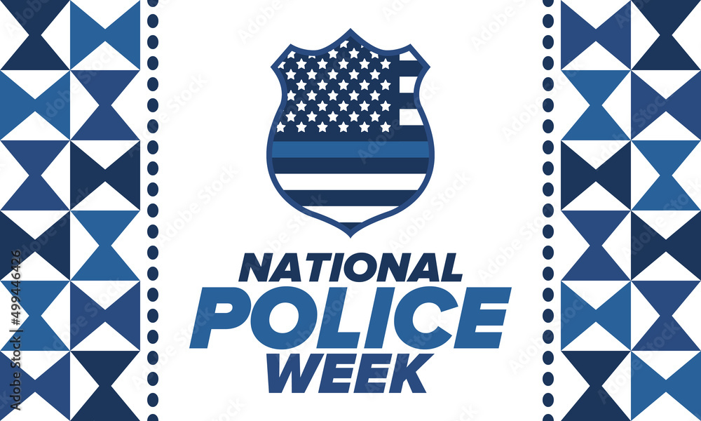 Obraz premium National Police Week in May. Celebrated annual in United States. In honor of the police hero. Police badge and patriotic elements. Officers Memorial Day. Poster, card, banner. Vector illustration
