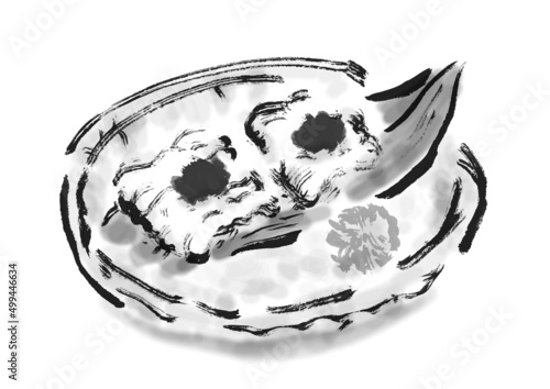 鱧の湯引きの手描き和風イラスト　モノクロ