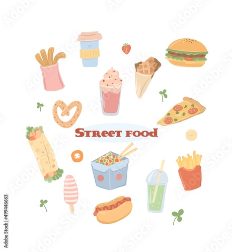 Vector bright set of street food. Food sold on the street. Can be used for menu, poster, stickers, banner, emblem.