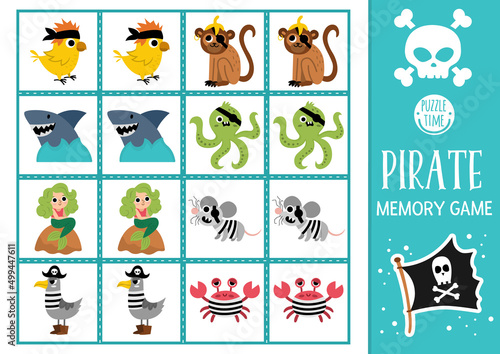 Vector pirate memory game cards with cute animals. Sea adventure matching activity. Treasure island remember and find correct card. Simple printable worksheet for kids with parrot, octopus.