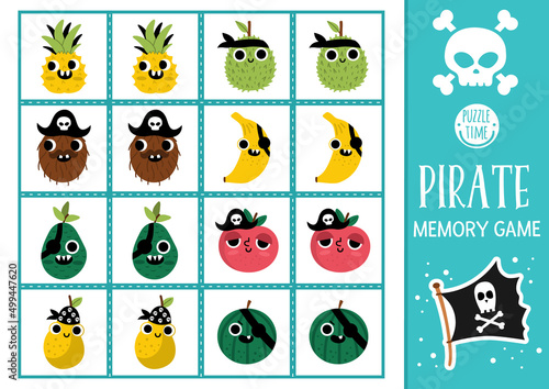 Vector pirate memory game cards with cute kawaii fruit. Sea adventure matching activity. Treasure island remember and find correct card. Simple printable worksheet for kids.