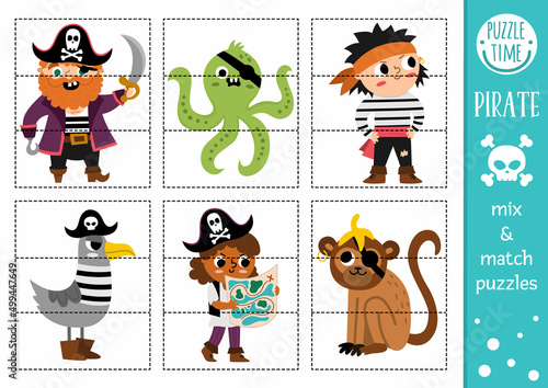 Vector pirate mix and match puzzle with cute characters. Matching treasure island activity for preschool kids. Educational sea adventure printable game with sailor, octopus, monkey, seagull..