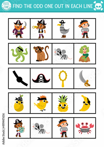 Find the odd one out. Pirate logical activity for children. Treasure island educational quiz worksheet for kids for attention skills. Simple sea adventure printable game with cute characters.