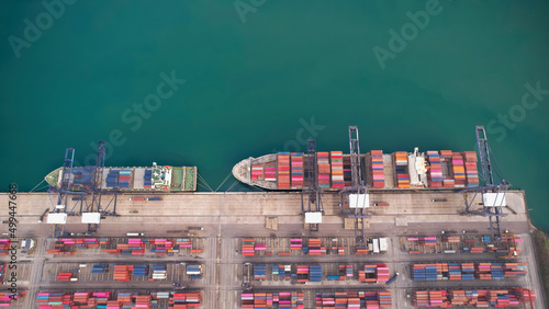 High angle view or Aerial view of Cargo crane container terminal at port , Cargo and shipping logistic