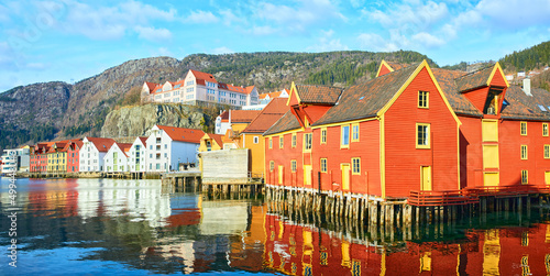 Panoramic view of Wharf Skuteviksbrygge in Bergen, Norway