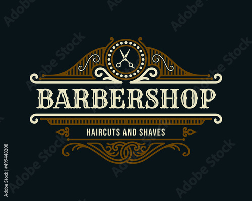 Barbershop vintage Luxury frame Logo Badge with flourish Victorian Ornament

