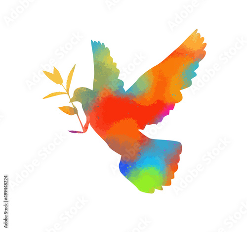 Vector colorful silhouette of a flying dove with branch on a white background.
