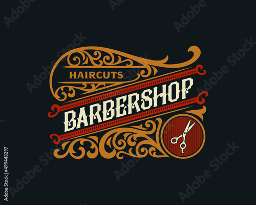 Barbershop vintage Luxury frame Logo Badge with flourish Victorian Ornament
