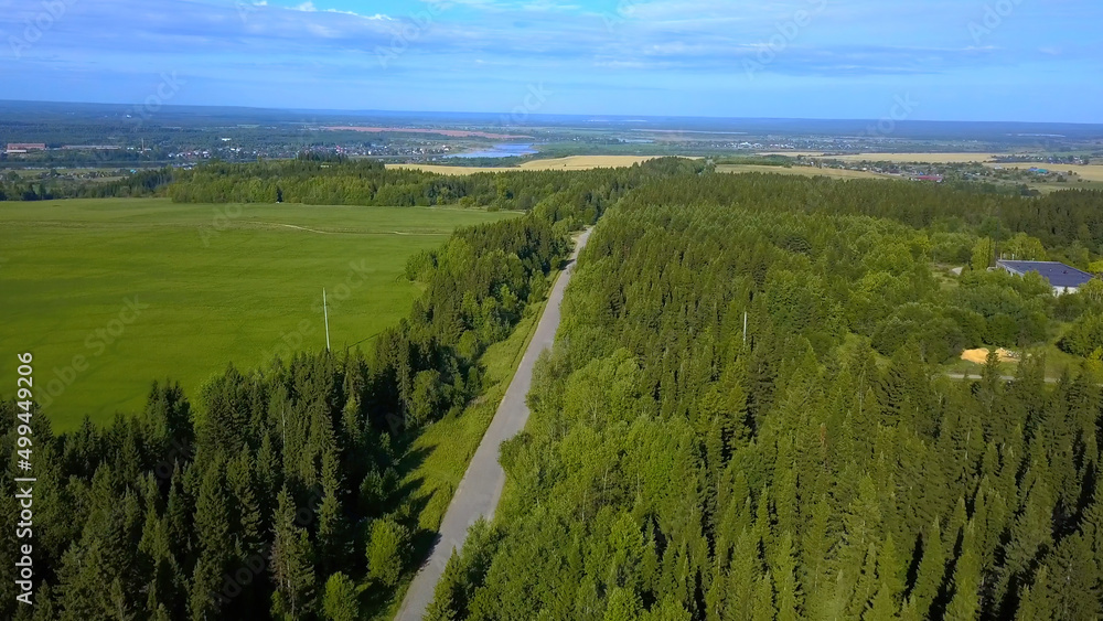 Bird's-eye view. Clip. A huge forest with dry fields behind and a beautiful clear sky on the milestone and a small pond can be seen in the distance.