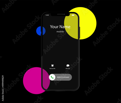 Phone screen and app. Smartphone and call interface. Call display. Phone illustration, incoming call. Vector
