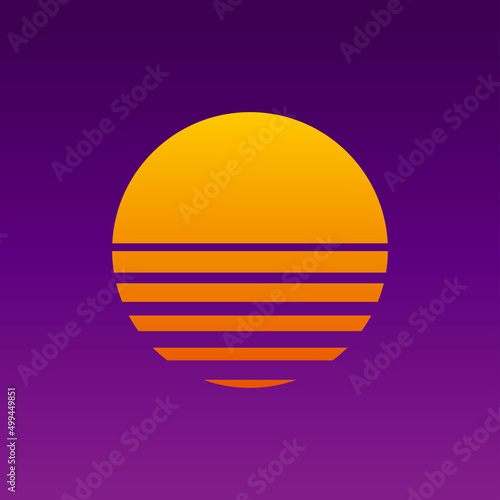 Sunset icon, 80s and 90s background, retro neon abstraction poster. Vintage sun and space, purple background and mesh sun. Sunrise and sunset. Vector © Артур Решетняк