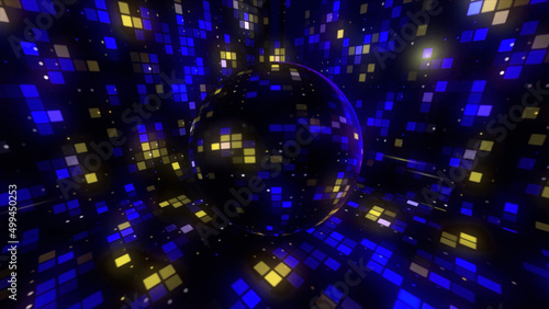 Abstract slowly spinning disco ball reflecting colorful squares. Motion. Mosaic pattern with abstract disco lights at the night club.