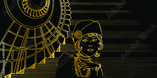 Roaring 20's retro woman in the interior of building by the stairs. Vintage Art Deco illustration of flapper girl. Invitation template design for Retro party and space for you text. Hand drawn vector