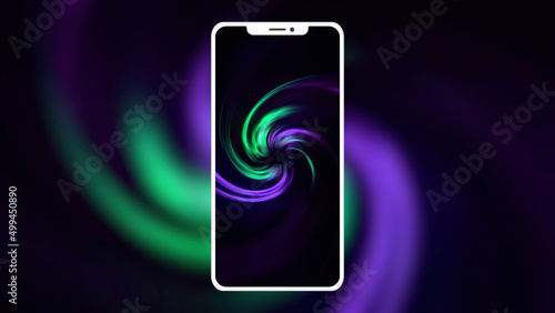 Abstract silhouette of a new new smartphone with blurred animation behind it on black background. Motion. Rotating colorful spiral on a phone screen.