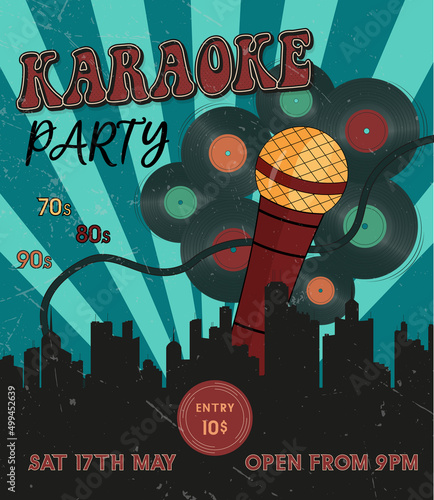 Vector vintage karaoke party flyer with editable text. Music of 70s, 80s, 90s, retro party invitation. 