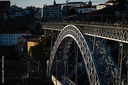 View of the Dom Luis I Bridge in the historical center of Porto, Portugal.