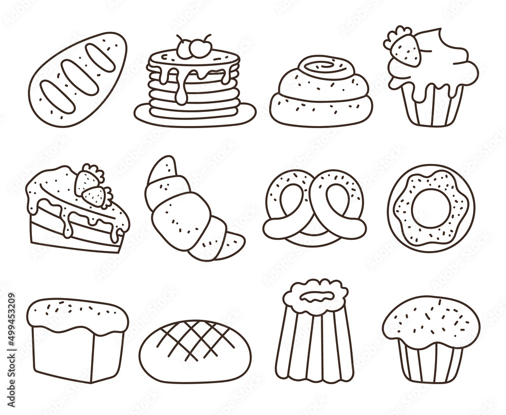 Bakery sweet food pastry line art isolated set collection. Vector flat cartoon design element illustration Bakery sweet food pastry line art isolated set collection. Vector flat cartoon design element illustration