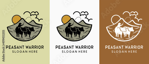 Farmer or field plow logo design in vintage style. Silhouette of people plowing the fields blending with nature