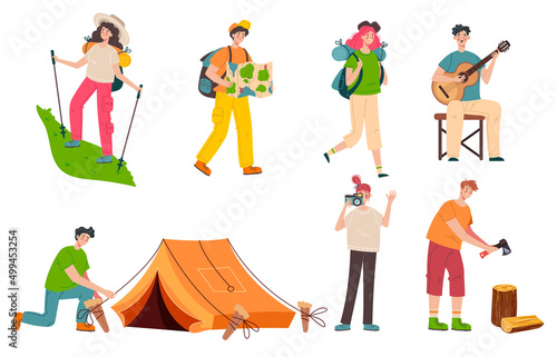 Camping people man woman isolated set collection. Vector flat cartoon design element illustration