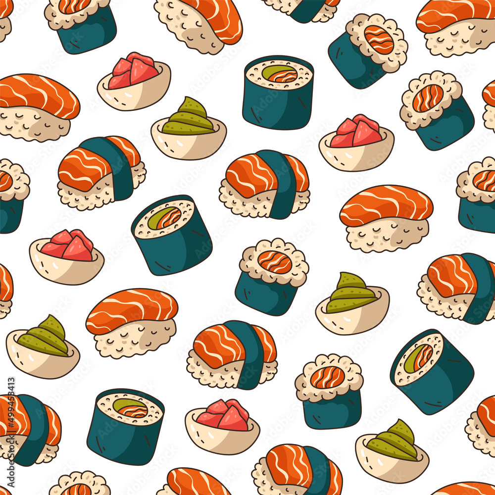 Sushi seamless pattern. Vector flat cartoon design element illustration Sushi seamless pattern. Vector flat cartoon design element illustration