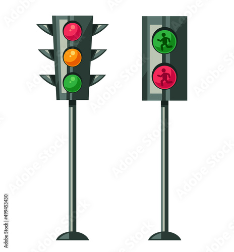 Cartoon style traffic light isolated set. Vector flat cartoon illustration