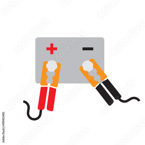 Car battery with jumper power cables icon, charging battery, starting car, color isolated on white background, vector illustration.