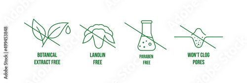 cosmetic cream packaging icon set botanical extracted free, lanolin-free, paraben-free, won't clog pores 