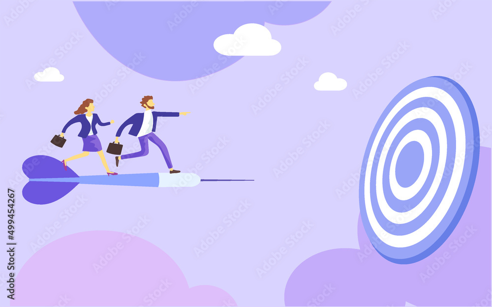Business Marketing illustrations. Scene with man and woman run towards the goal of success business. Trendy vector style Business Marketing illustrations. Scene with man and woman run towards the goal of success business. Trendy vector style