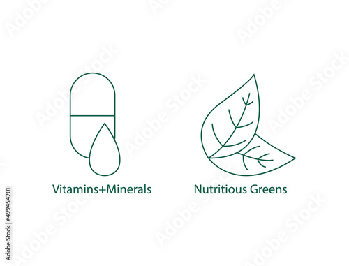 vitamins and minerals, nutritious greens icons vector illustration 
