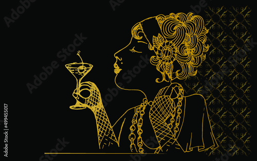 Gatsby woman drinks cocktails and has fun. Lady in the bar holds a glass of wine in her hand. Art Deco Vintage style hand drawn illustration. Gold lines on black background