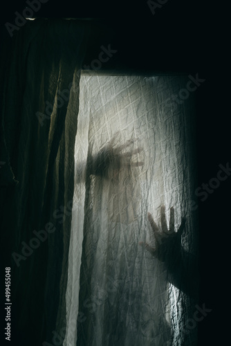 Shadow hands through glass in the door, faceless person, fear