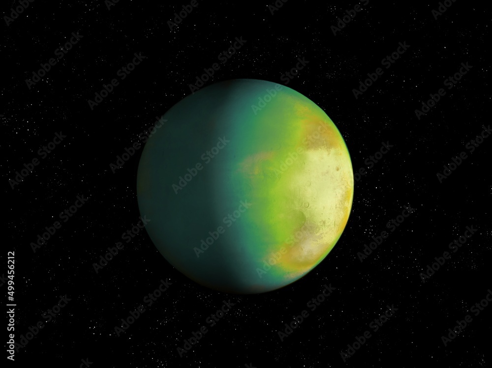 realistic exoplanet in space with stars, distant planet with atmosphere, cosmic background. 