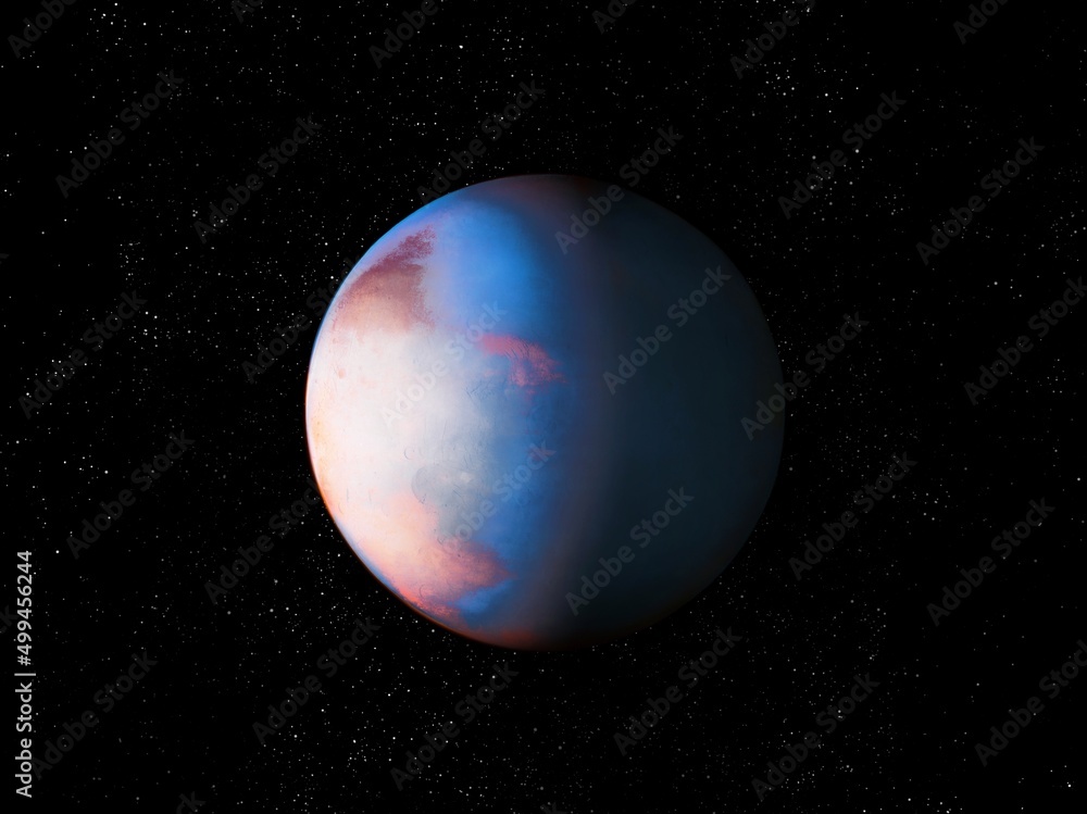 Realistic exoplanet in space with stars, distant planet with atmosphere, cosmic background. Realistic exoplanet in space with stars, distant planet with atmosphere, cosmic background.